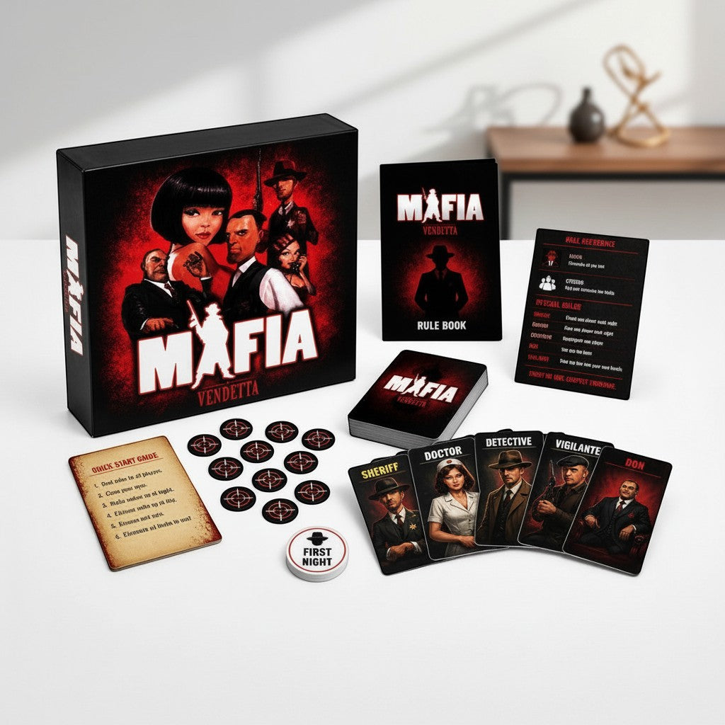 Tap2Own Mafia Vendetta strategy deduction board game box, rule book, cards, and tokens on a white surface.