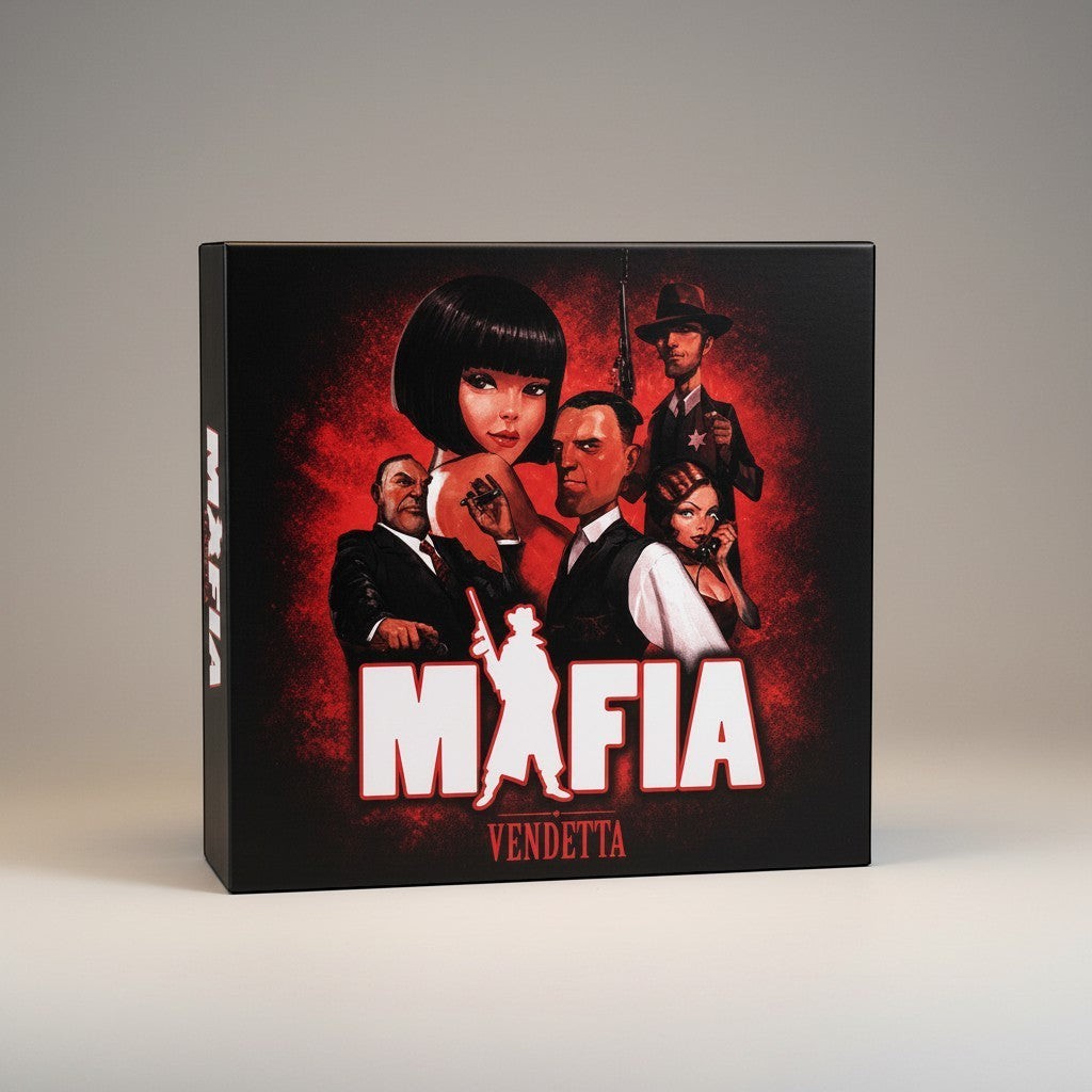 Tap2Own Mafia Vendetta strategy deduction board game box art featuring stylized characters in a 1920s mob theme.
