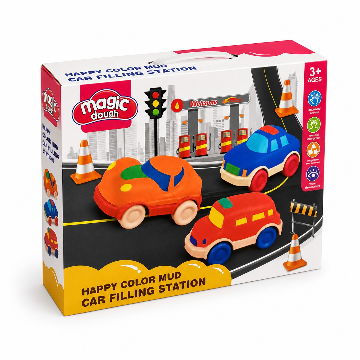 Tap2Own Magic Dough Car Filling Station play set with orange, blue, and red cars, traffic lights, and gas station.