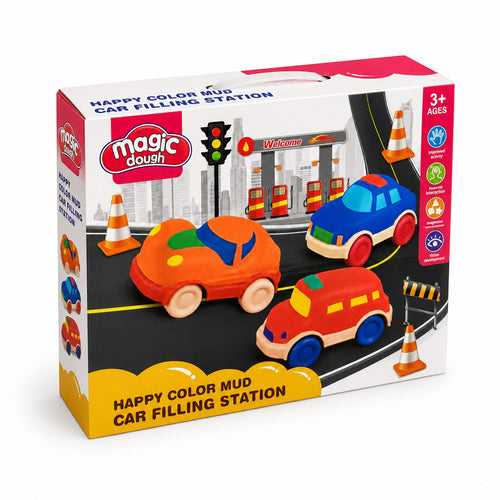 Tap2Own Magic Dough Car Filling Station play set with orange, blue, and red cars, traffic lights, and gas station.