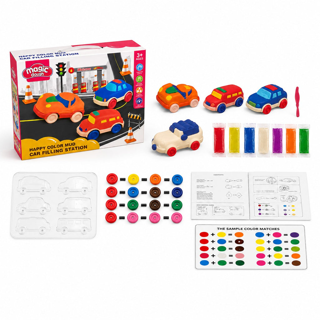 Tap2Own Magic Dough Car Filling Station play set with colorful dough, car molds, wheels, and accessories for creative play.