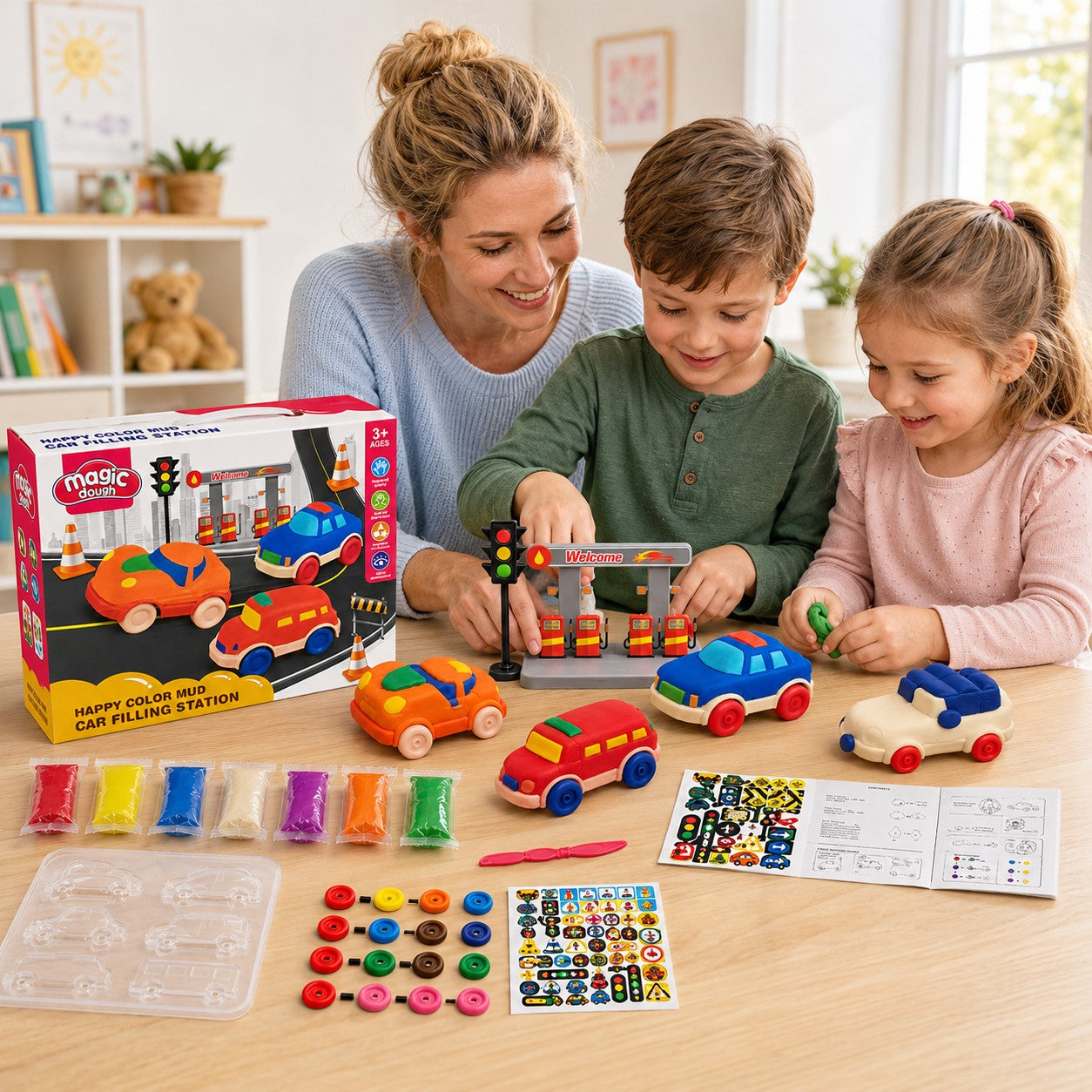 Tap2Own Magic Dough Car Filling Station play set with colorful dough, car molds, and accessories. A mother and two children are happily playing with the set.