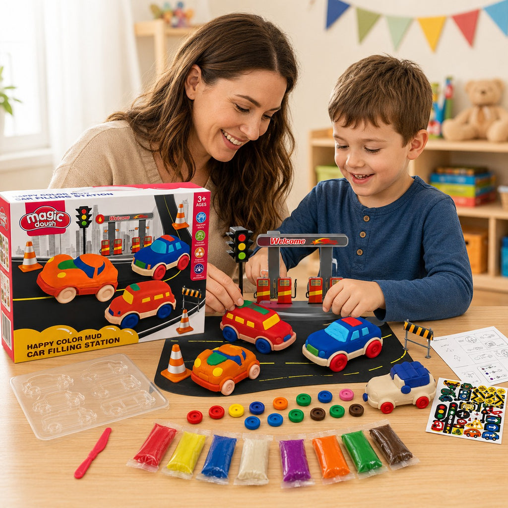 Tap2Own Magic Dough Car Filling Station play set with a mother and son creating colorful playdough cars. Includes dough, molds, and accessories.