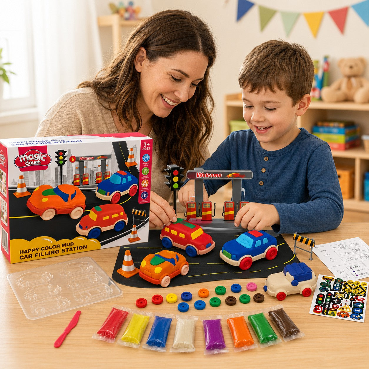 Tap2Own Magic Dough Car Filling Station play set with a mother and son creating colorful playdough cars. Includes dough, molds, and accessories.