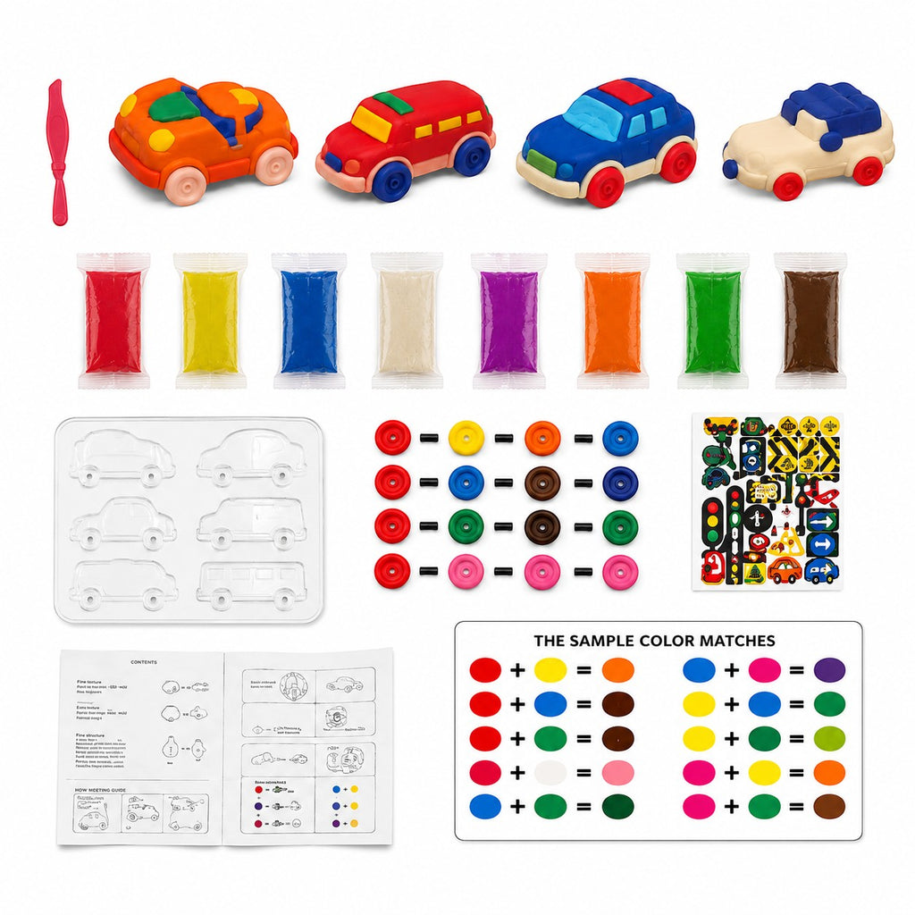 Tap2Own Magic Dough Car Filling Station play set with colorful dough, car molds, wheels, stickers, and instructions.