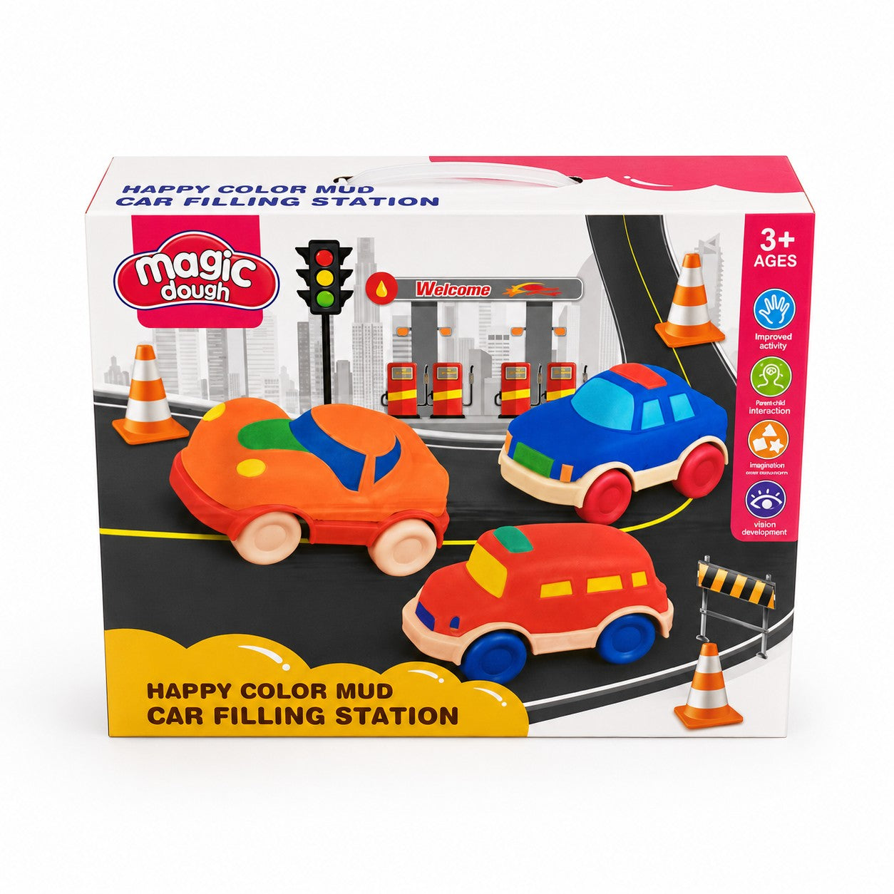 Tap2Own Magic Dough Car Filling Station play set with orange, blue, and red play-dough cars, traffic lights, gas pumps, and traffic cones.
