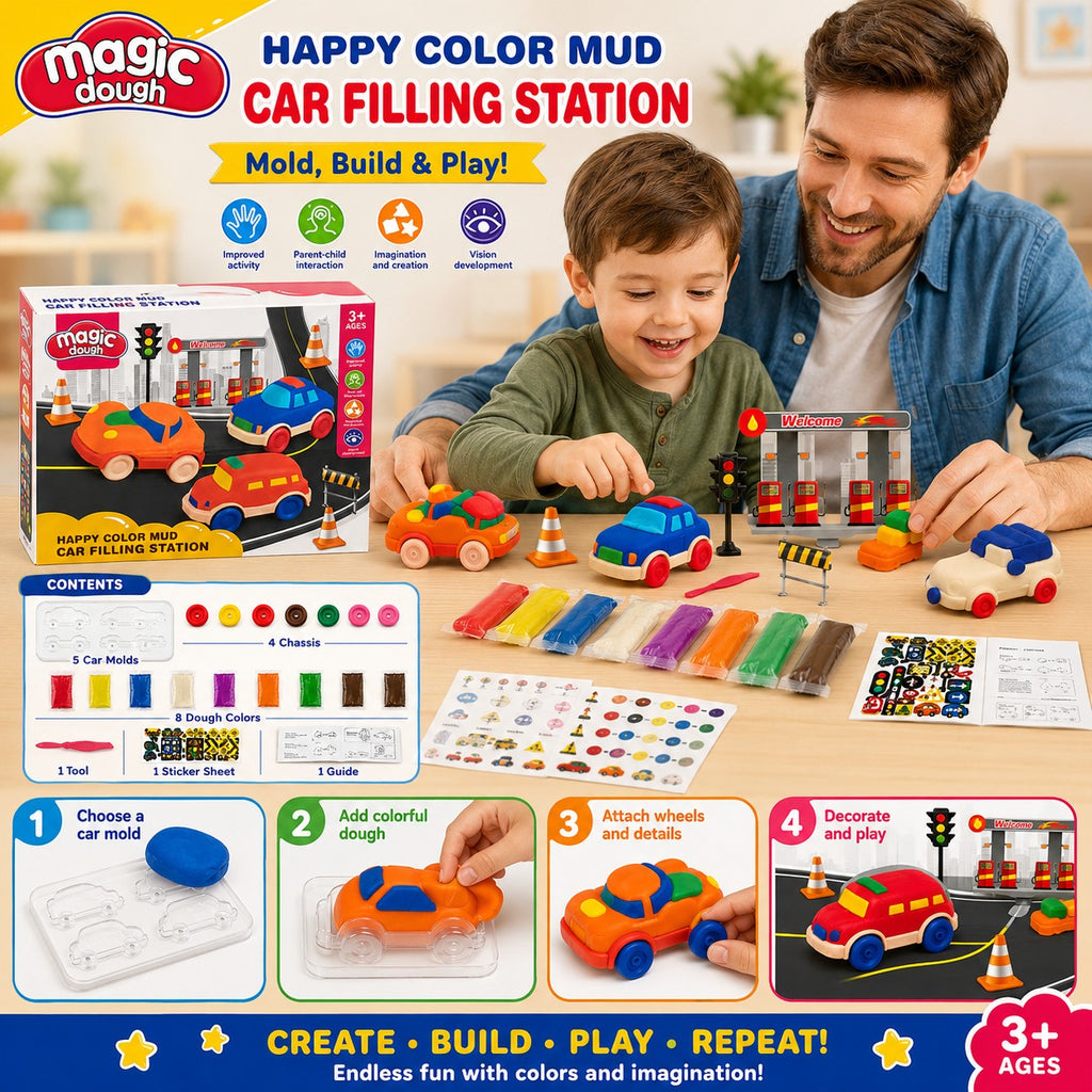 Tap2Own Magic Dough Car Filling Station play set with colorful dough, car molds, and accessories. A father and son are happily playing together.