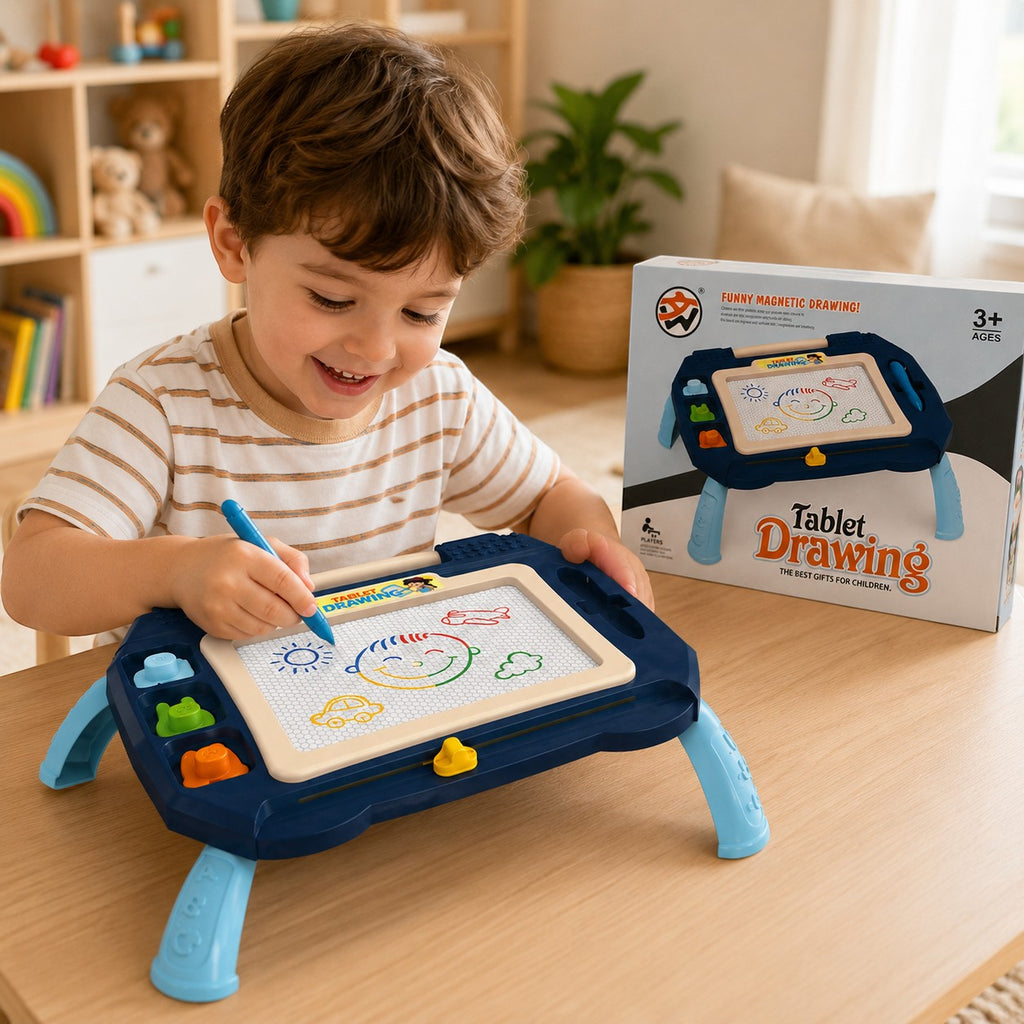 Tap2Own Magnetic Drawing Tablet, a blue table-style board with a colorful screen, magnetic pen, and stamp shapes, used by a smiling child.