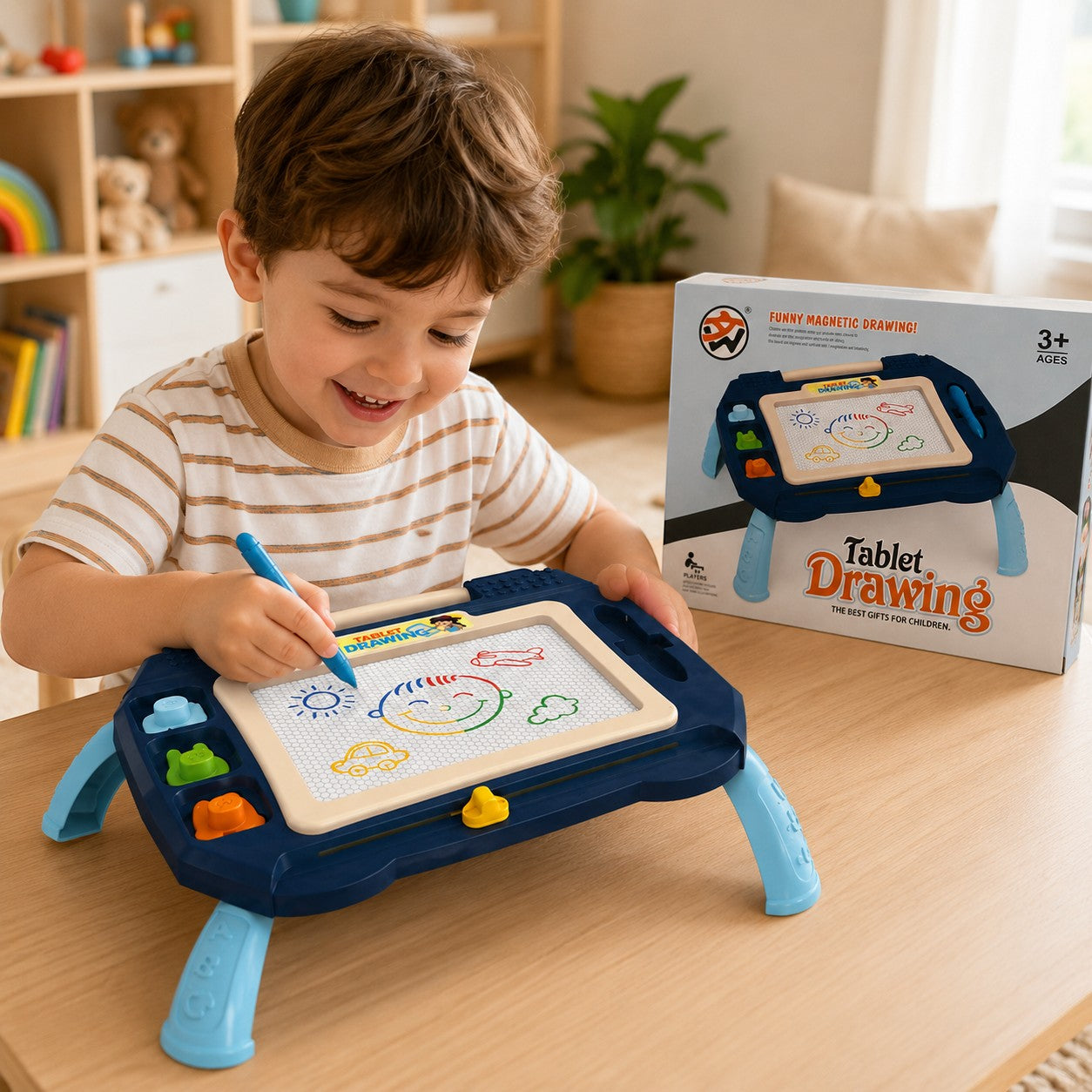 Tap2Own Magnetic Drawing Tablet, a blue table-style board with a colorful screen, magnetic pen, and stamp shapes, used by a smiling child.