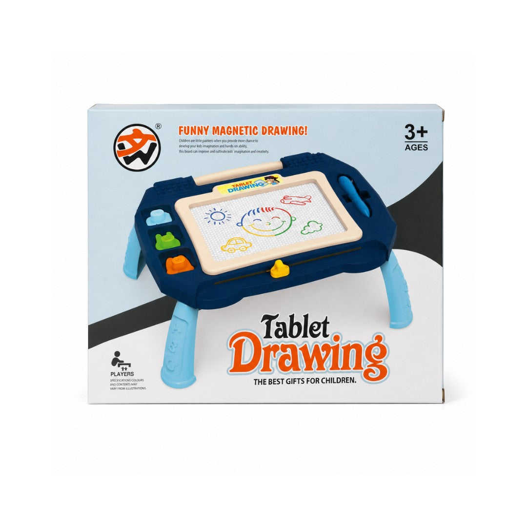 Tap2Own Magnetic drawing tablet for kids, a blue and tan table-style drawing board with legs, magnetic pen, and stamp shapes for mess-free creative play.