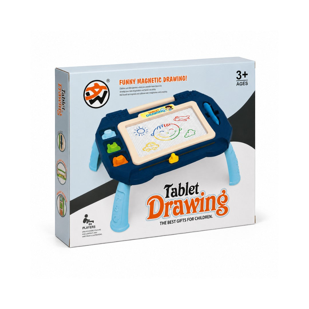 Tap2Own Magnetic Drawing Tablet, a blue and beige table-style easel with a magnetic drawing screen, pen, and colorful stamps for kids aged 3+.