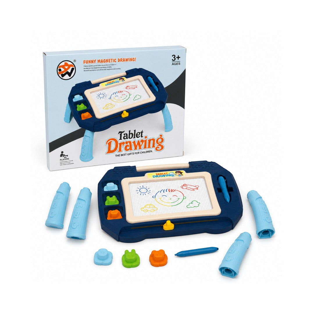 Tap2Own Magnetic Drawing Tablet, a blue table-style drawing board with legs, magnetic pen, and colorful stamps for kids' creative play.