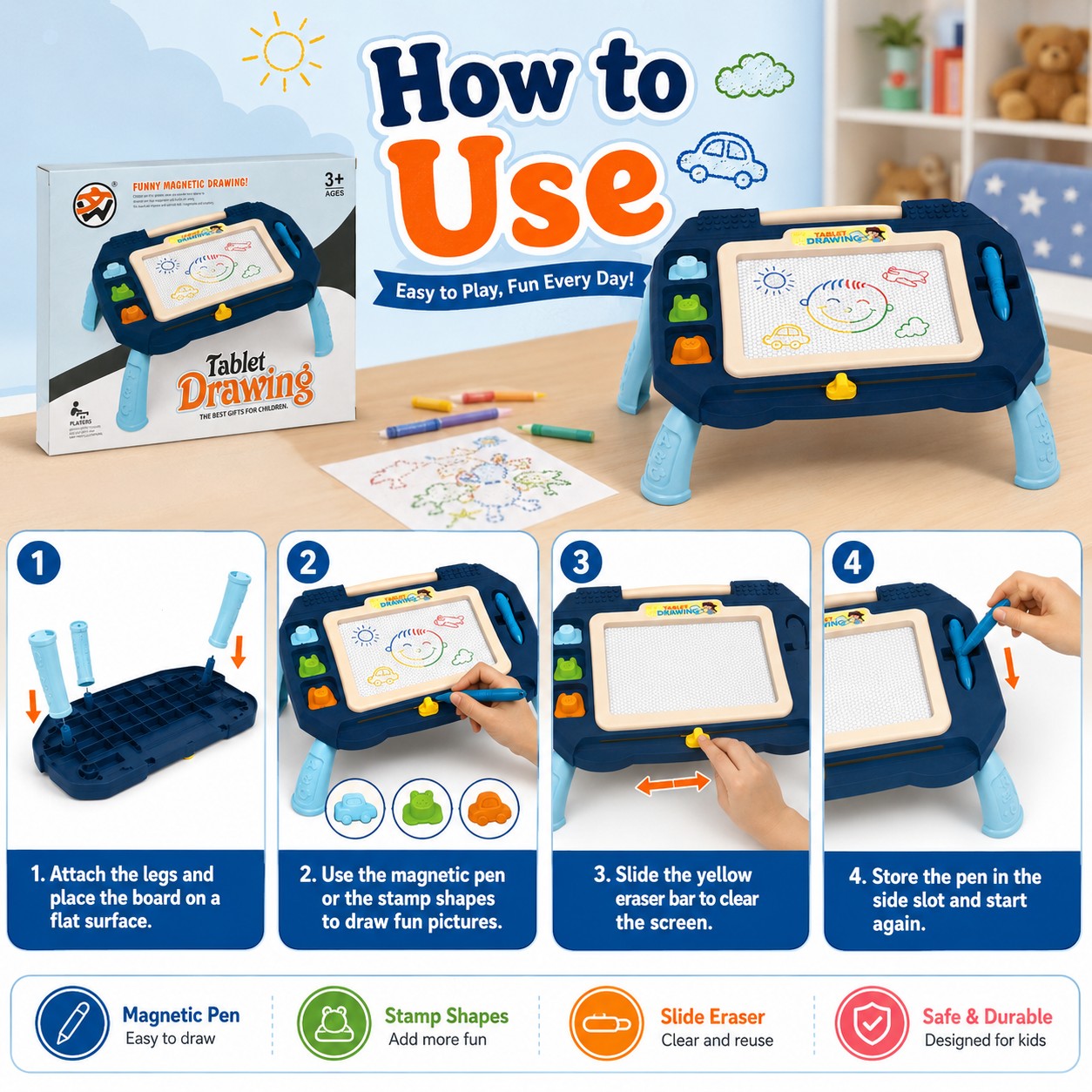 Tap2Own Magnetic Drawing Tablet, a blue and light blue table-style drawing board with legs, magnetic pen, and stamp shapes for kids' creative play.