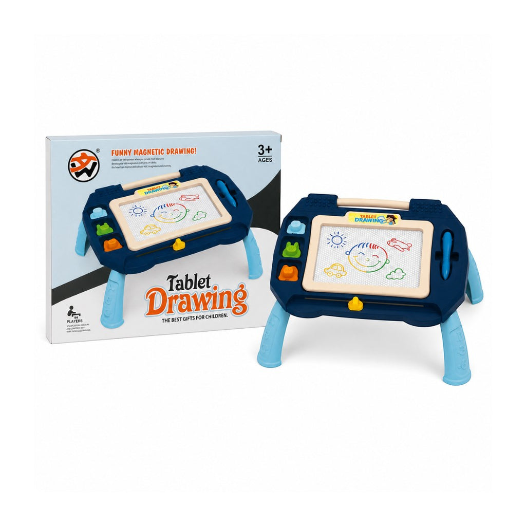 Tap2Own Magnetic Drawing Tablet, a blue and beige table-style drawing board with legs, magnetic pen, and stamp shapes for kids ages 3+