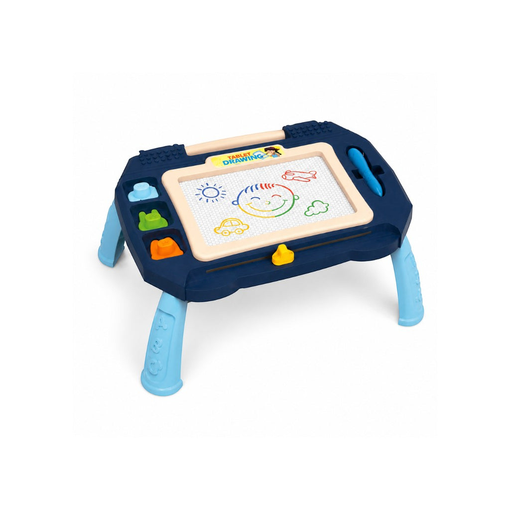 Tap2Own magnetic drawing tablet with legs, featuring a colorful drawing of a smiling face, sun, car, and airplane. Includes magnetic pen and stamp shapes.
