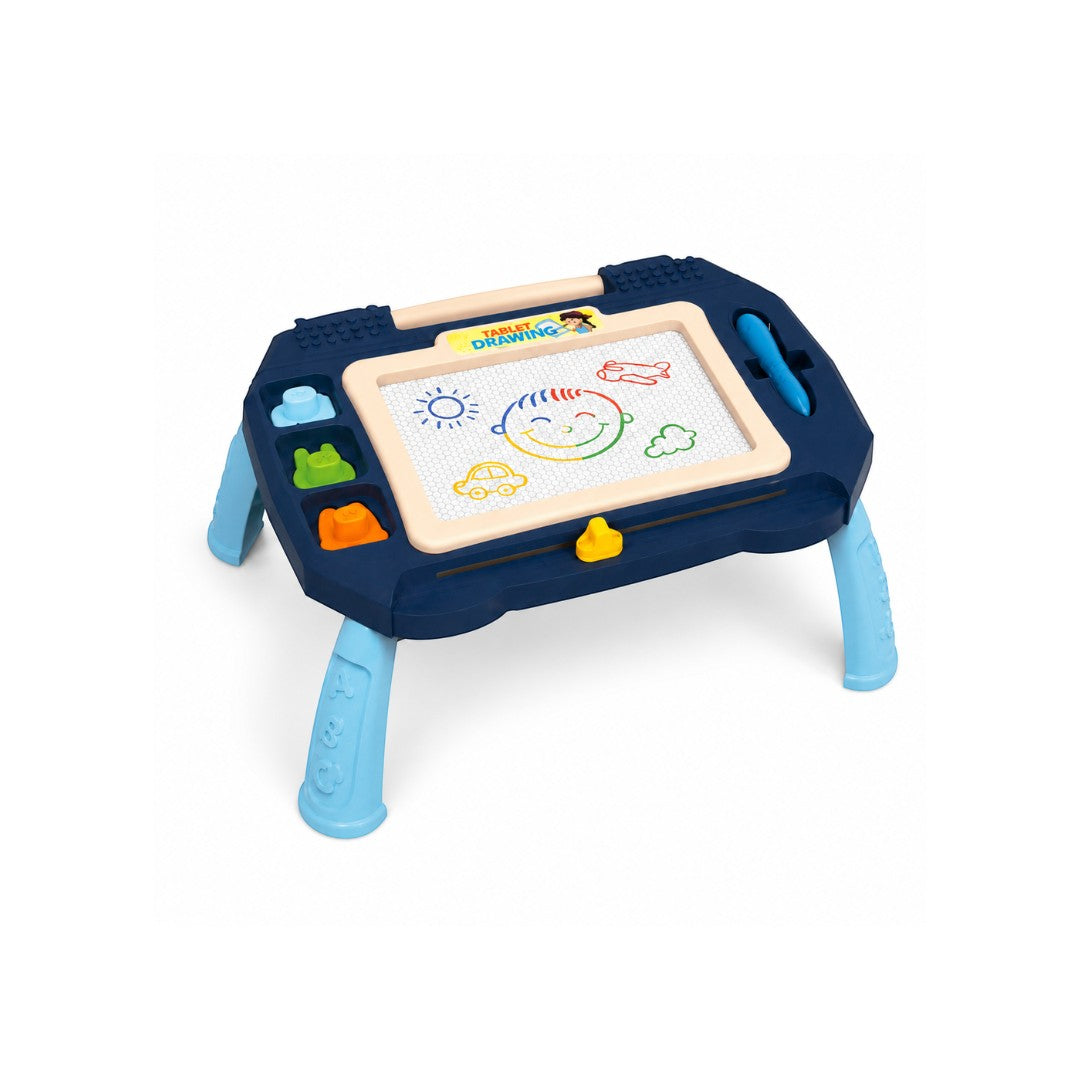 Tap2Own magnetic drawing tablet with legs, featuring a colorful drawing of a smiling face, sun, car, and airplane. Includes magnetic pen and stamp shapes.