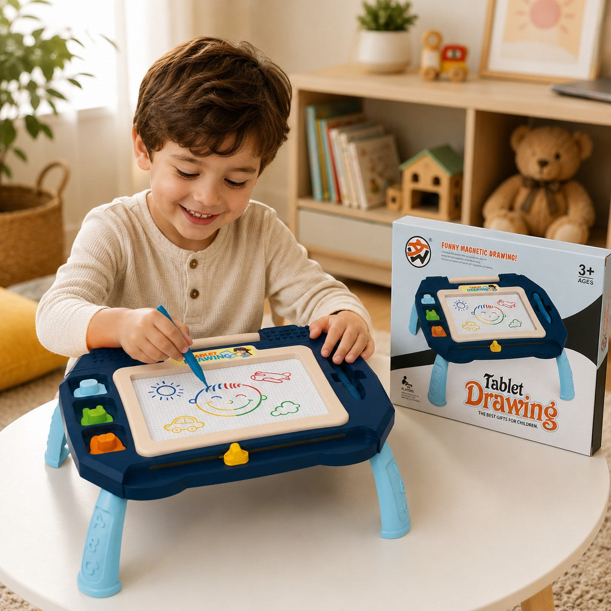 Tap2Own Magnetic Drawing Tablet, a colorful, mess-free activity board with a magnetic pen and stamp shapes for kids. Features a slide eraser and table-style design with legs.
