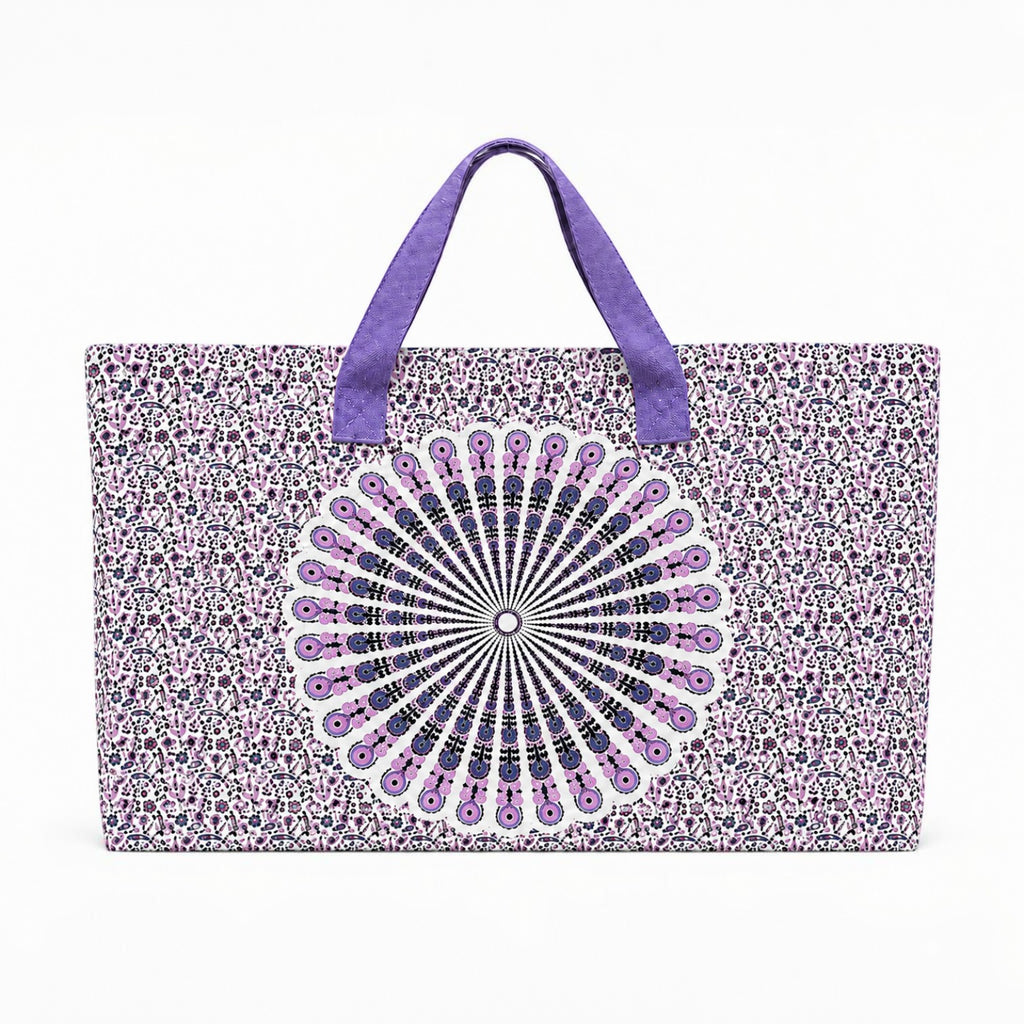 Tap2Own Mandala Print Beach Tote Bag in purple and white, featuring a large central mandala design and smaller all-over floral patterns. Durable fabric with sturdy handles.