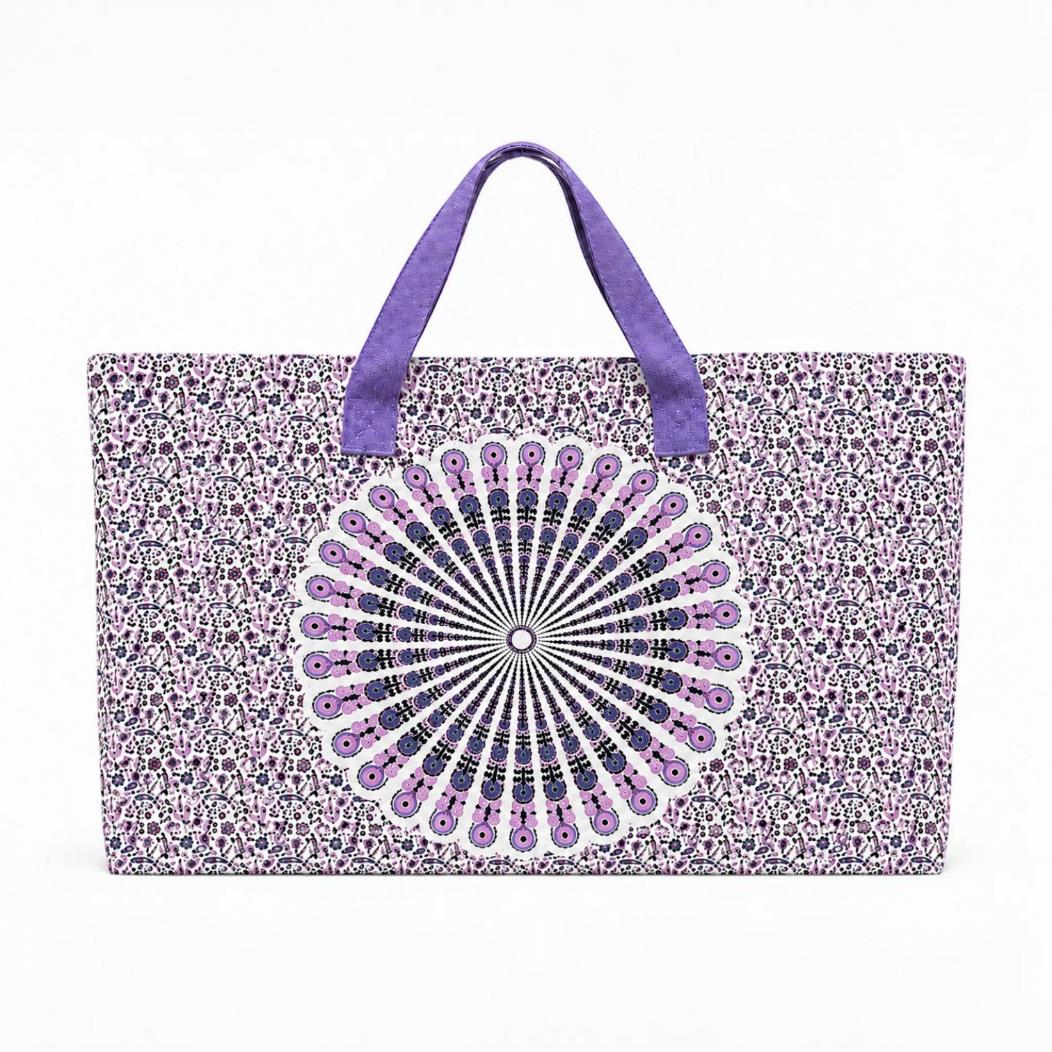 Tap2Own Mandala Print Beach Tote Bag in purple and white, featuring a large central mandala design and smaller all-over floral patterns. Durable fabric with sturdy handles.