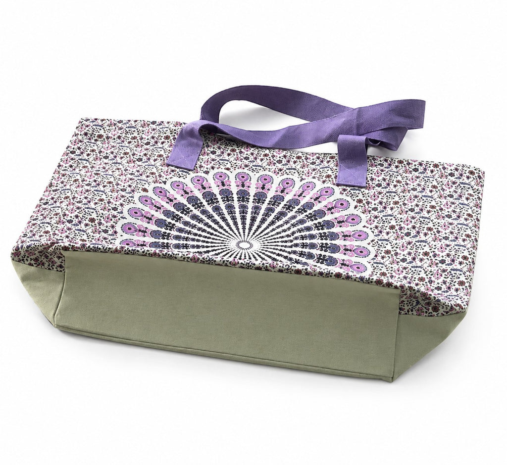 Tap2Own Mandala Print Beach Tote Bag in purple and white with a solid khaki base and purple handles.