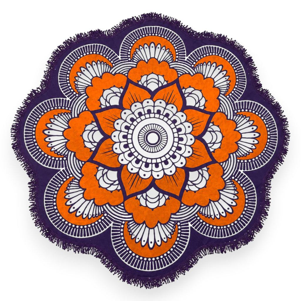 Tap2Own round beach towel with orange, white, and purple mandala design and fringe trim.