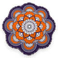 Tap2Own round beach towel with orange, white, and purple mandala design and fringe trim.