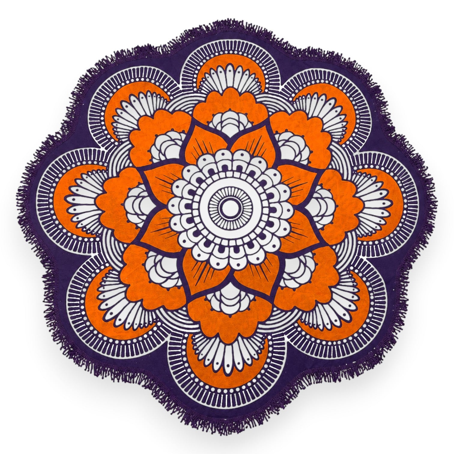 Tap2Own round beach towel with orange, white, and purple mandala design and fringe trim.