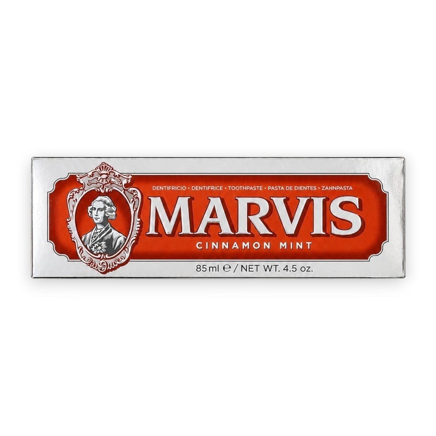 Tap2Own Marvis Cinnamon Mint toothpaste in a red and silver apothecary-style box with vintage branding.