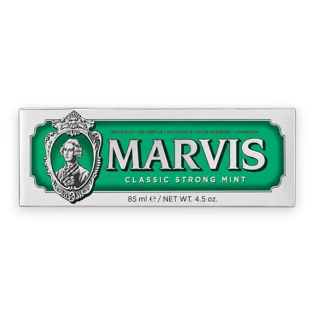 Tap2Own Marvis Classic Strong Mint toothpaste in iconic green and silver apothecary-style packaging
