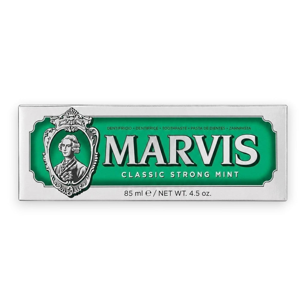Tap2Own Marvis Classic Strong Mint toothpaste in iconic green and silver apothecary-style packaging.