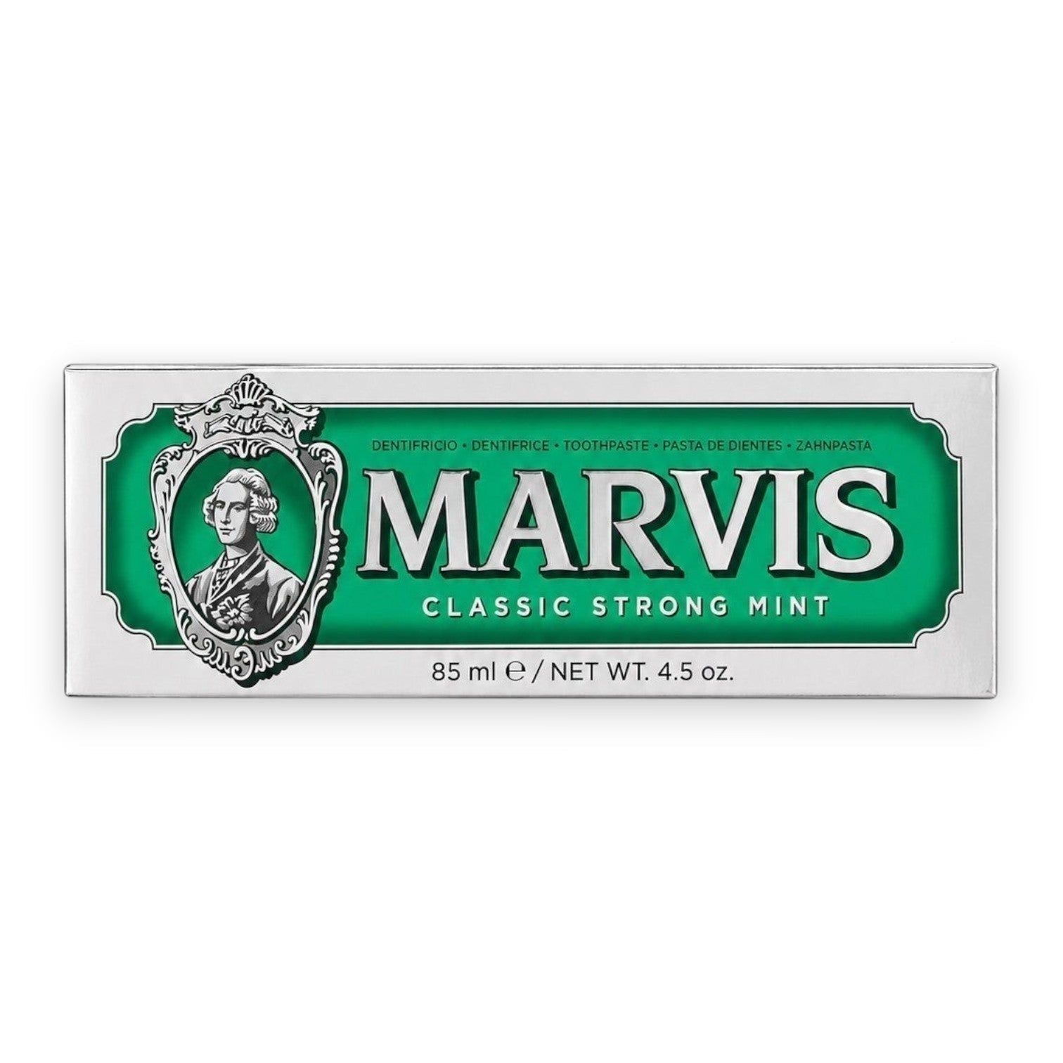 Tap2Own Marvis Classic Strong Mint toothpaste in iconic green and silver apothecary-style packaging.