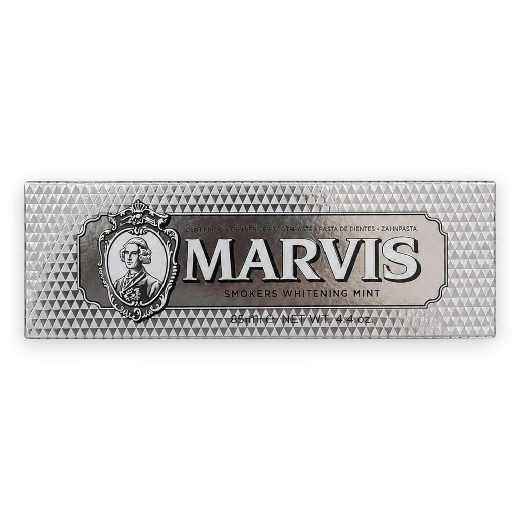 Tap2Own Marvis Smokers Whitening Mint toothpaste in a silver metallic apothecary-style box.