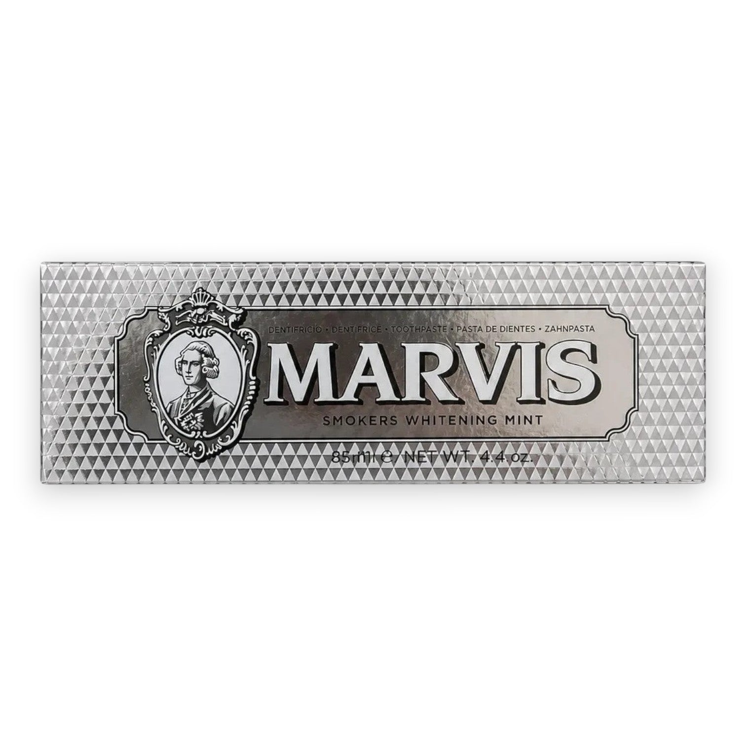 Tap2Own Marvis Smokers Whitening Mint toothpaste in a silver metallic box with apothecary-style branding.