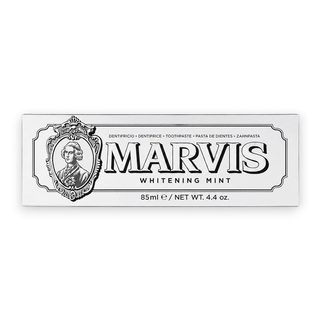 Tap2Own Marvis Whitening Mint toothpaste box featuring iconic apothecary-style black and white branding.