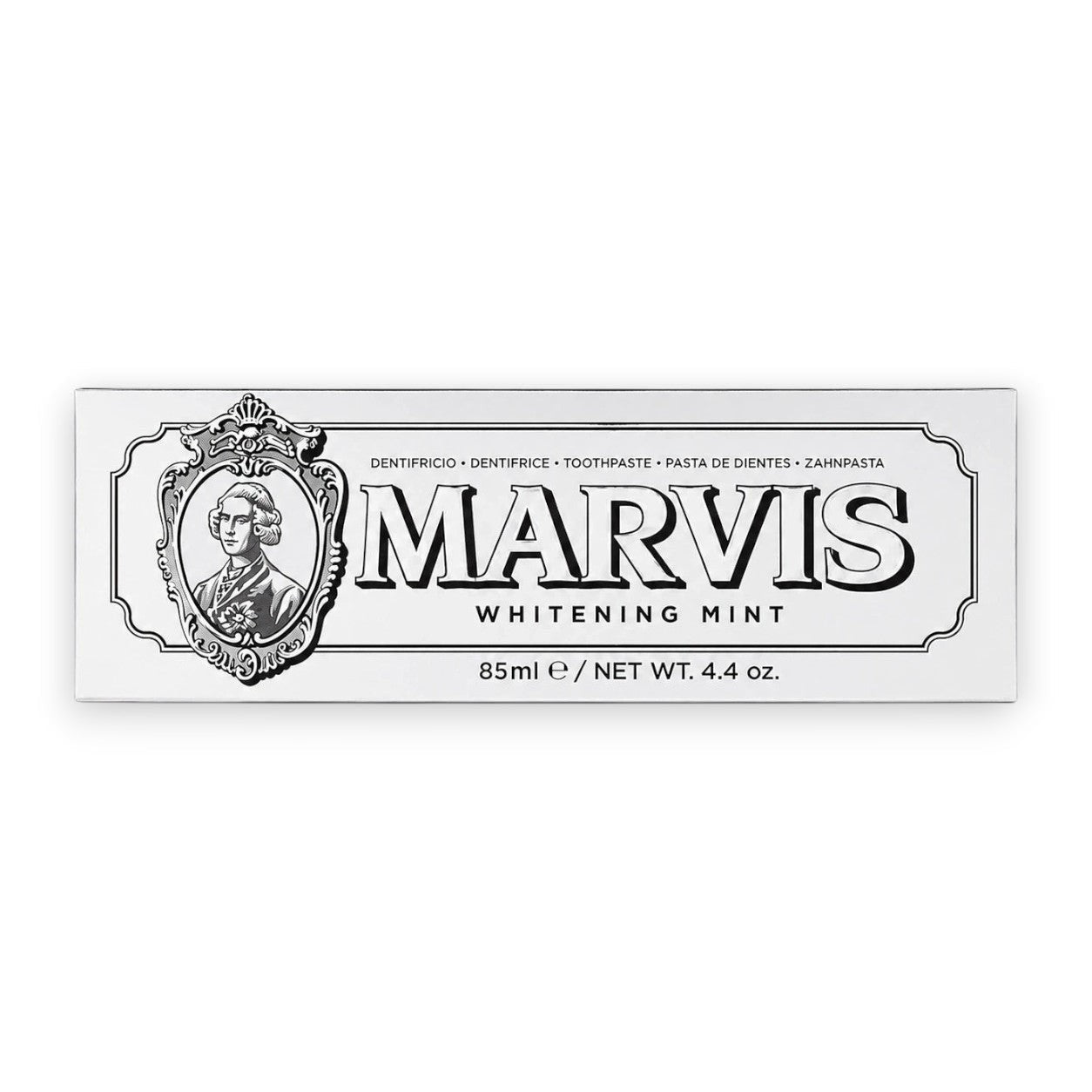 Tap2Own Marvis Whitening Mint toothpaste box featuring iconic apothecary-style black and white branding.