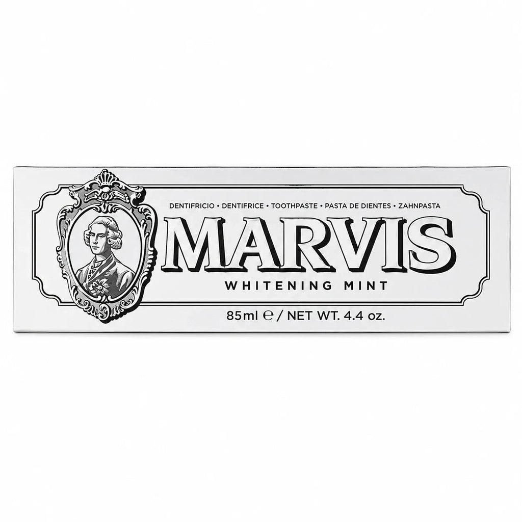 Tap2Own Marvis Whitening Mint toothpaste box featuring elegant black and white apothecary-style branding.