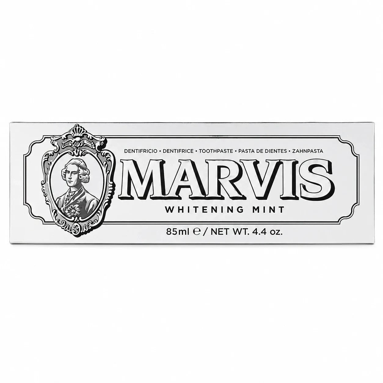 Tap2Own Marvis Whitening Mint toothpaste box featuring elegant black and white apothecary-style branding.
