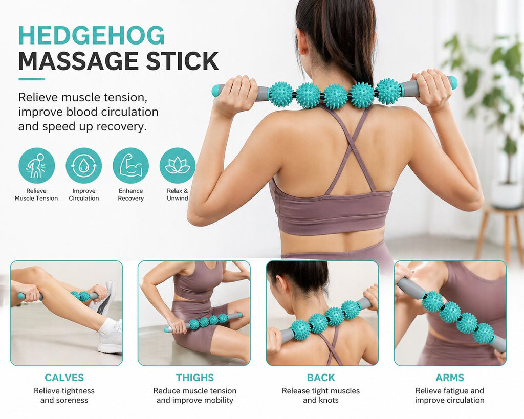 Tap2Own teal hedgehog massage stick with spiky balls for muscle tension relief and recovery. Woman using on back.