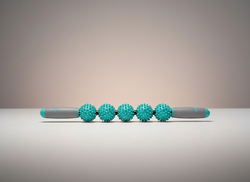 Tap2Own grey and teal massage roller stick with five spiky teal balls for muscle recovery and relaxation.