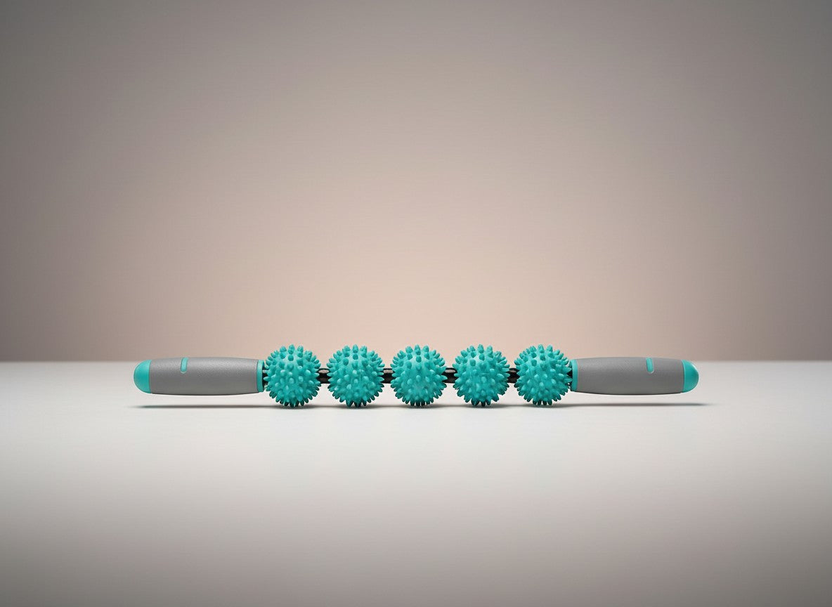 Tap2Own grey and teal massage roller stick with five spiky teal balls for muscle recovery and relaxation.