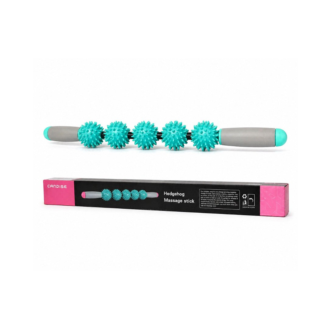 Tap2Own teal massage roller stick with five spiky balls and grey ergonomic handles, with packaging.