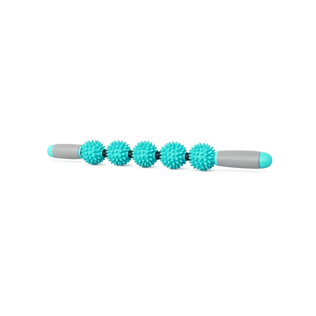 Tap2Own massage roller stick with five teal spiky balls and grey ergonomic handles for muscle recovery and relaxation.