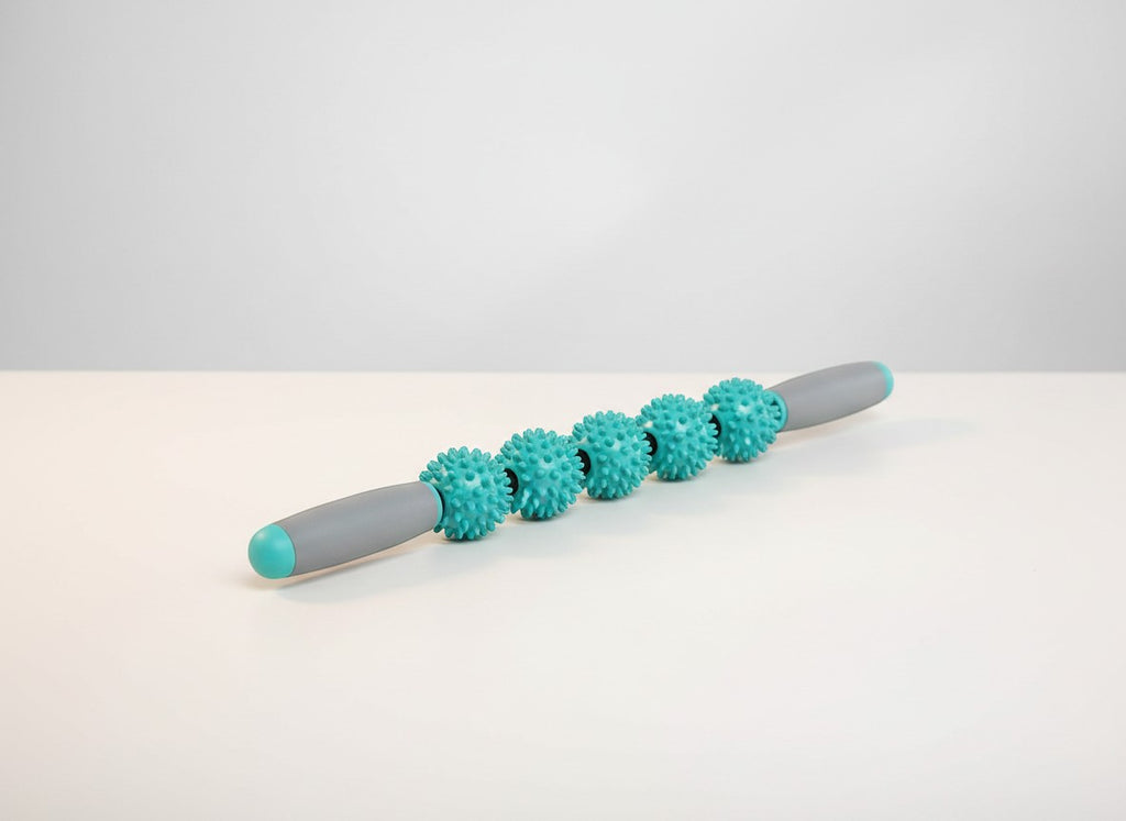 Tap2Own massage roller stick with five teal spiky balls and grey ergonomic handles for muscle relief.