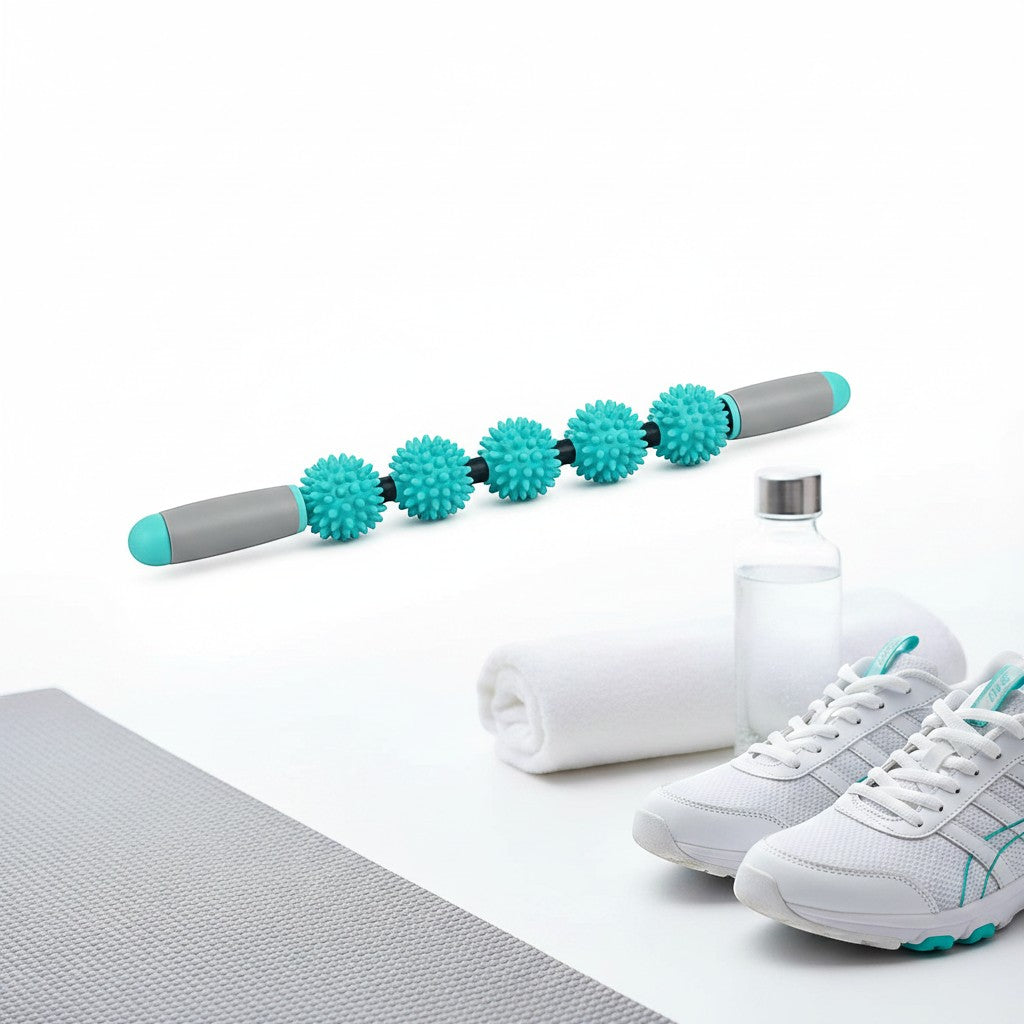 Tap2Own massage roller stick with five teal spiky balls and grey handles, for muscle recovery and relaxation.