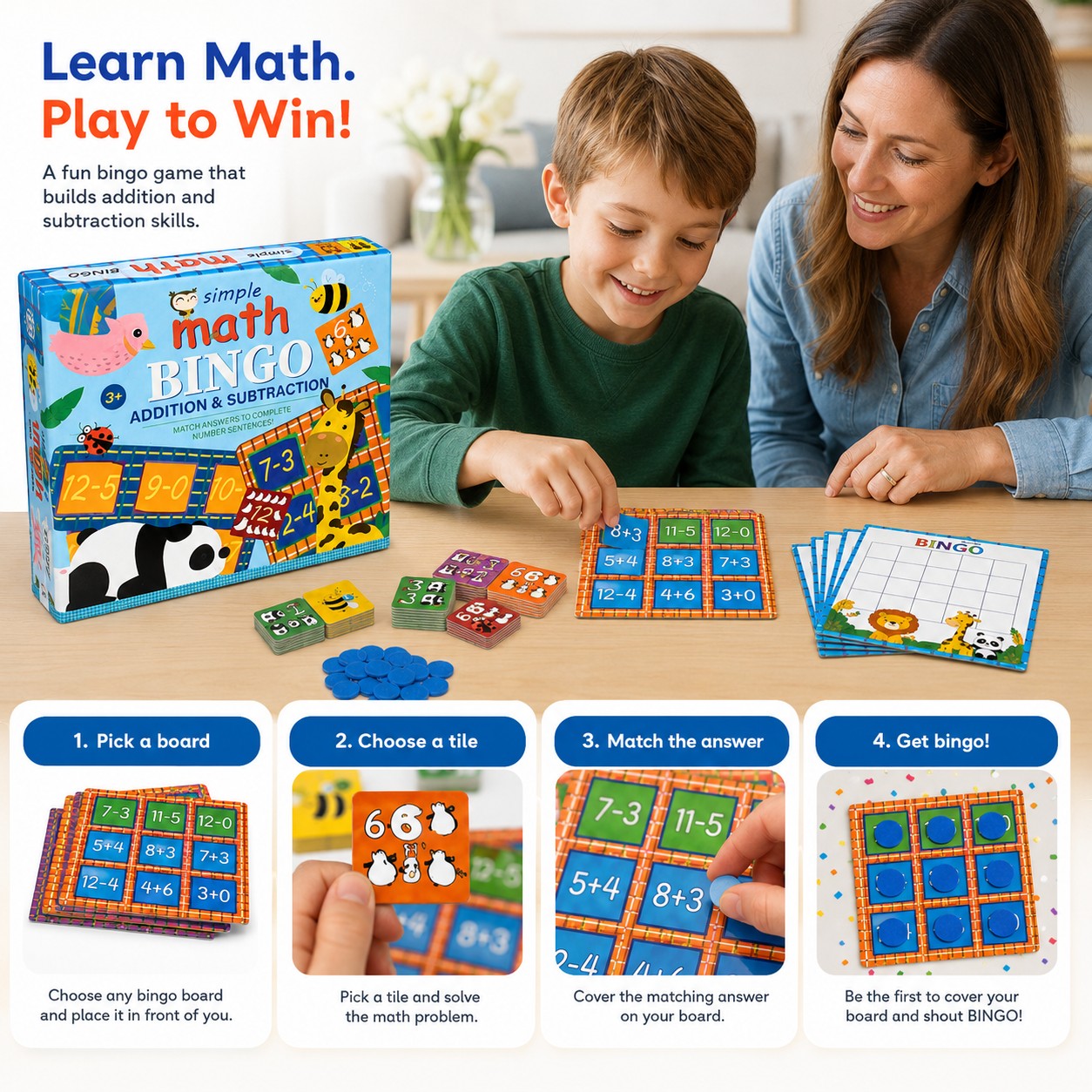 Tap2Own Simple Math Bingo game with a boy and woman playing addition and subtraction. Includes game box, boards, tiles, and markers.