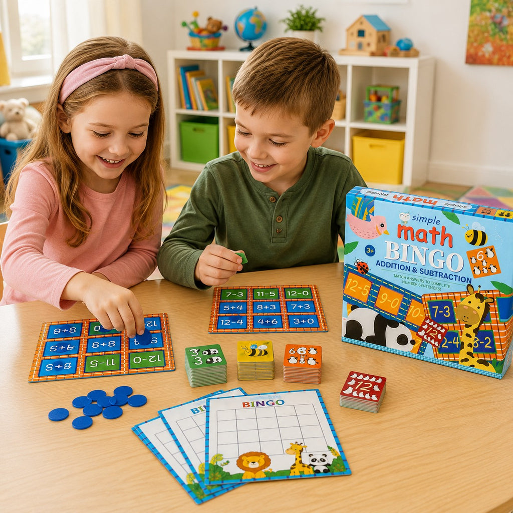 Tap2Own Simple Math Bingo addition and subtraction game for ages 3+, featuring two children playing at a table with colorful game boards and cards.