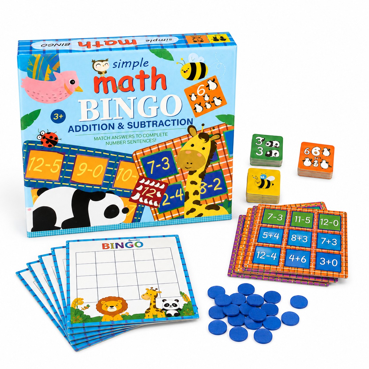 Tap2Own Simple Math Bingo Addition & Subtraction game for ages 3+. Includes bingo cards, answer tiles with animals, and blue counters.
