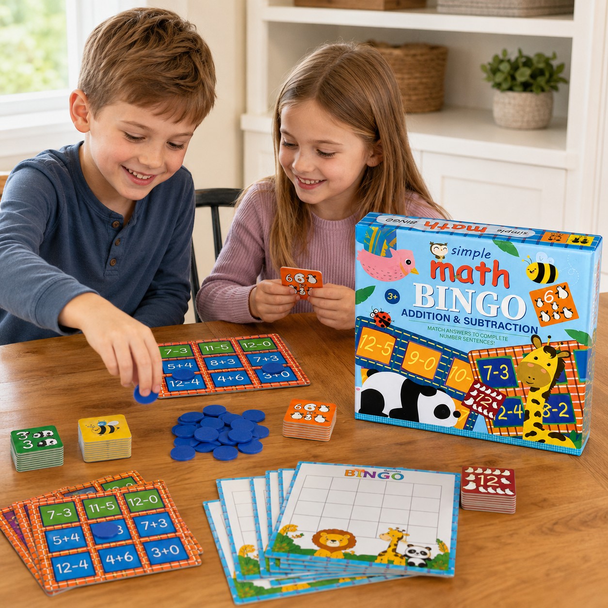 Tap2Own Simple Math Bingo Addition & Subtraction game with two children playing at a table. Includes game boards, cards, and blue counters.