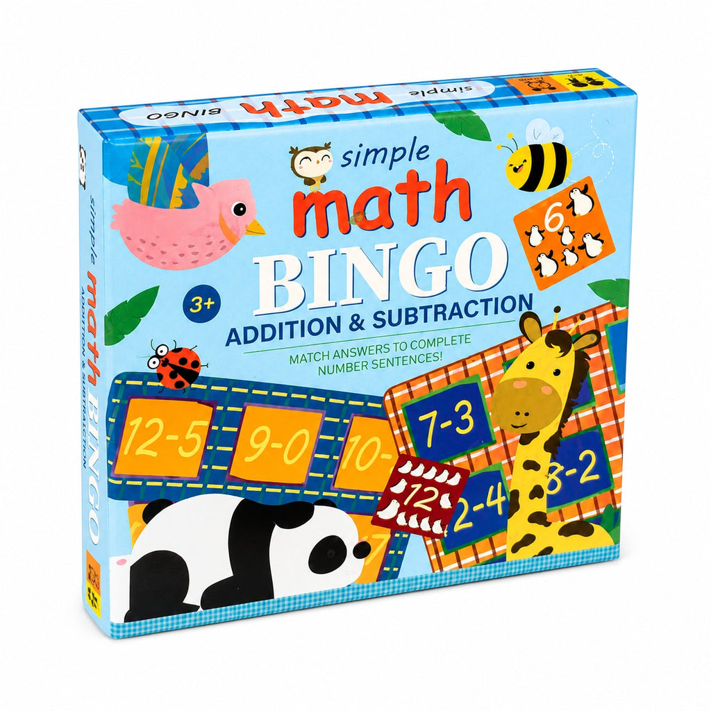 Tap2Own Simple Math Bingo game box featuring cartoon animals and math problems for ages 3+. Addition & subtraction game.