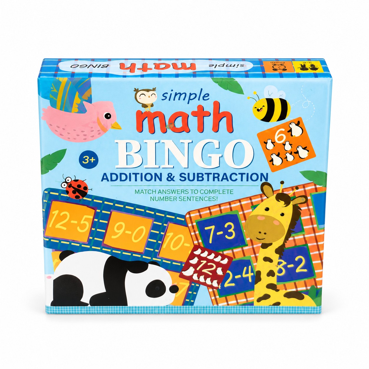 Tap2Own Simple Math Bingo Addition & Subtraction game box for ages 3+, featuring cute animals like a panda, giraffe, bird, bee, and ladybug.